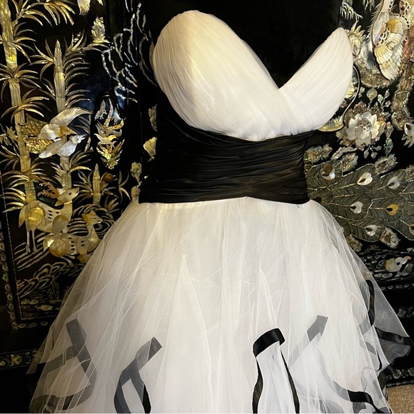 STRAPLESS White Tulle Ball Gown With Black Ribbon trim Size 12 Wedding or Prom - Picture 5 of 11